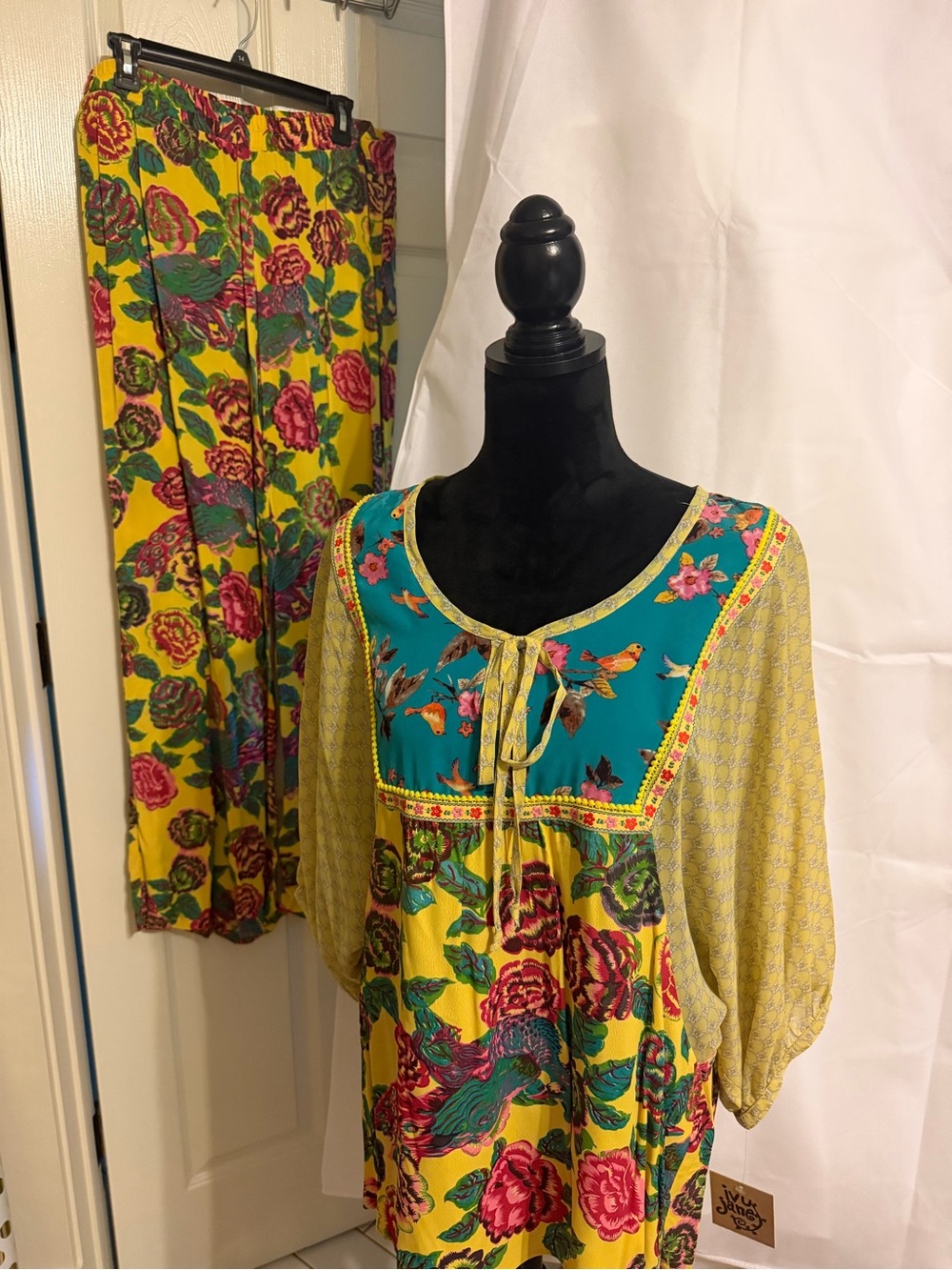 ivy jane Yellow Floral Dress with Teal Yoke and Pink Accents
